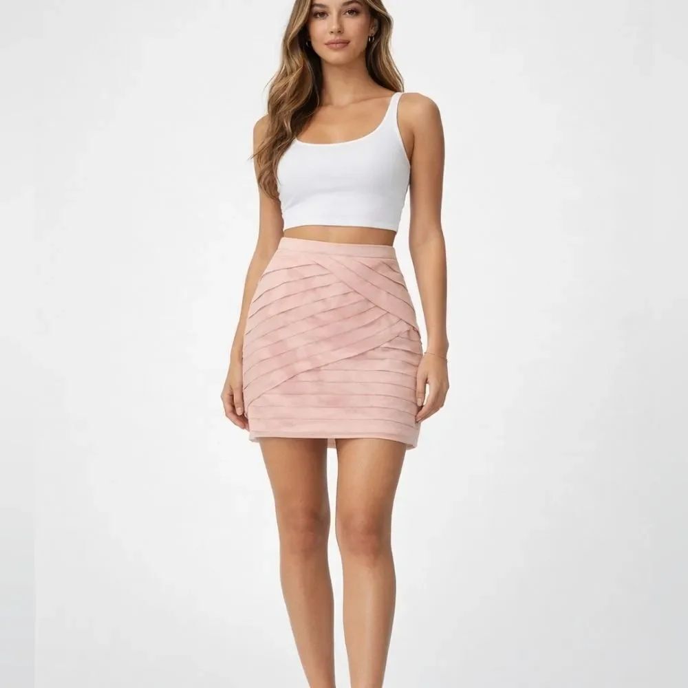 New York & Company Pink Asymmetrical Pleated Mini Skirt Size 10